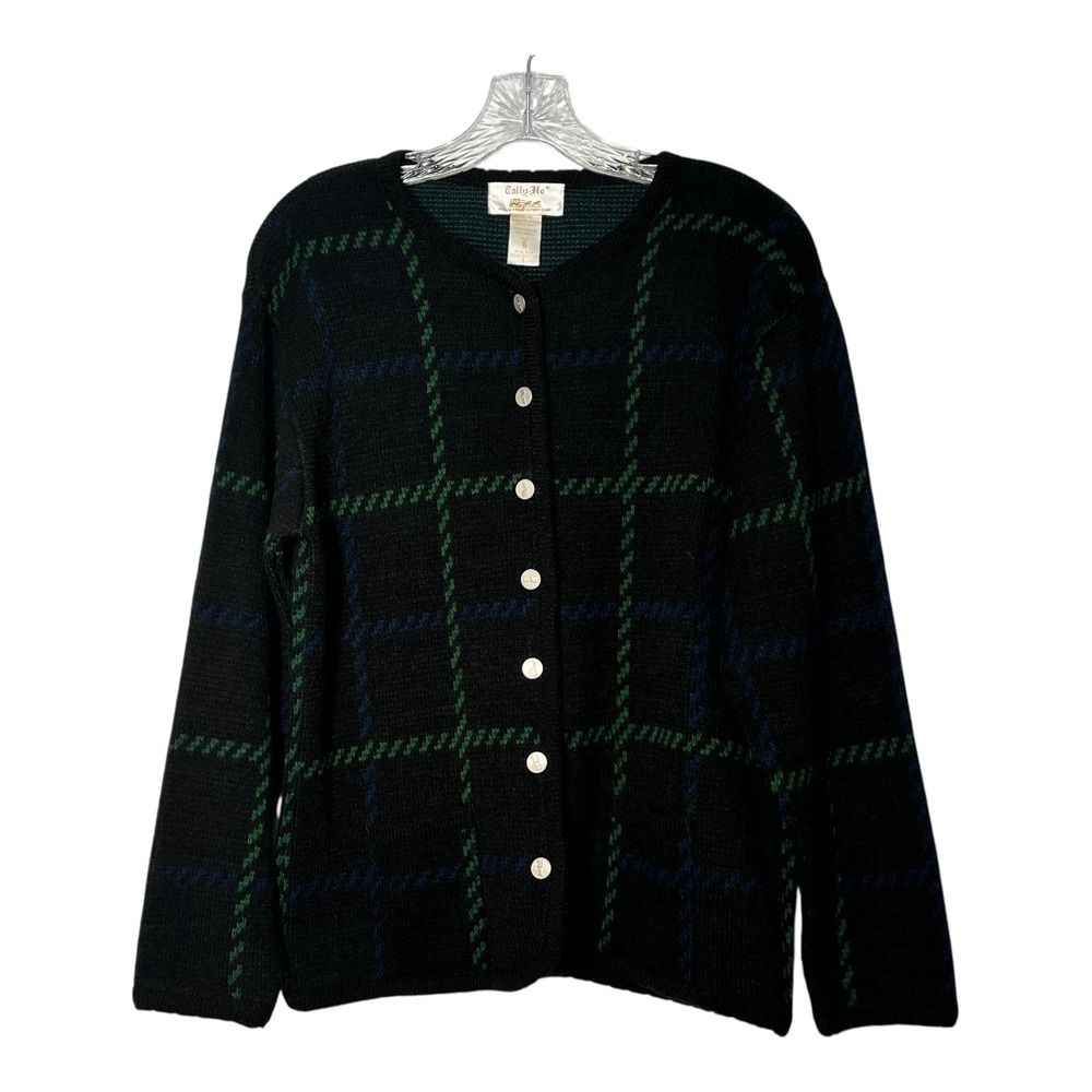 Tally-Ho Plaid Cardigan Sweater Button Front Long Sleeve Green‎ Blue Size Small